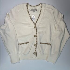 LOFT Women's Cream and Brown Trim Cardigan